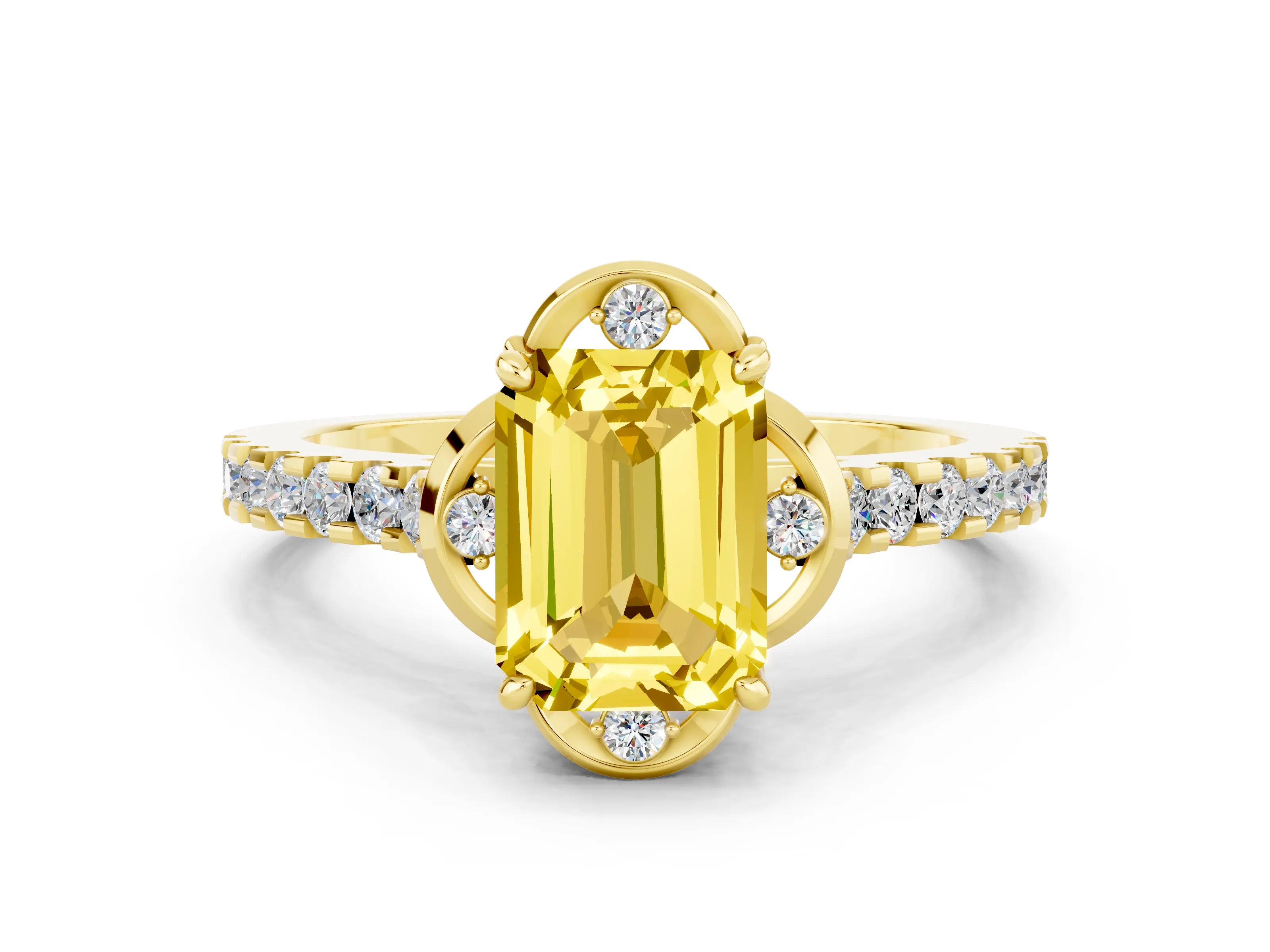 Yellow gold Emerald Cut Yellow Sapphire Ring with Pavé Band and Floral Prong Setting