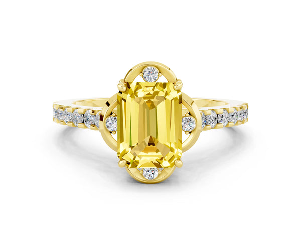 Yellow gold Emerald Cut Yellow Sapphire Ring with Pavé Band and Floral Prong Setting