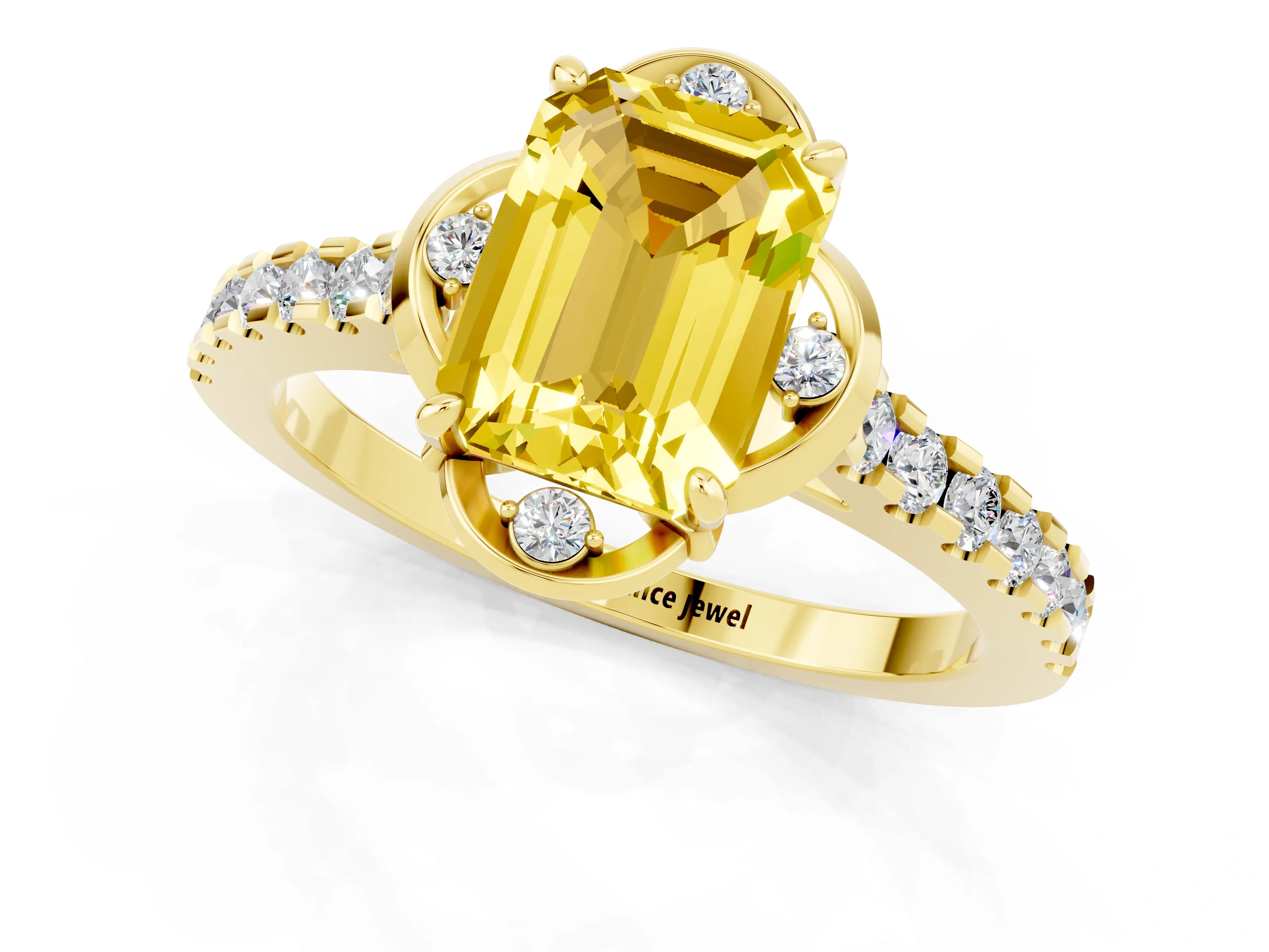 Yellow gold Emerald Cut Yellow Sapphire Ring with Pavé Band and Floral Prong Setting_1