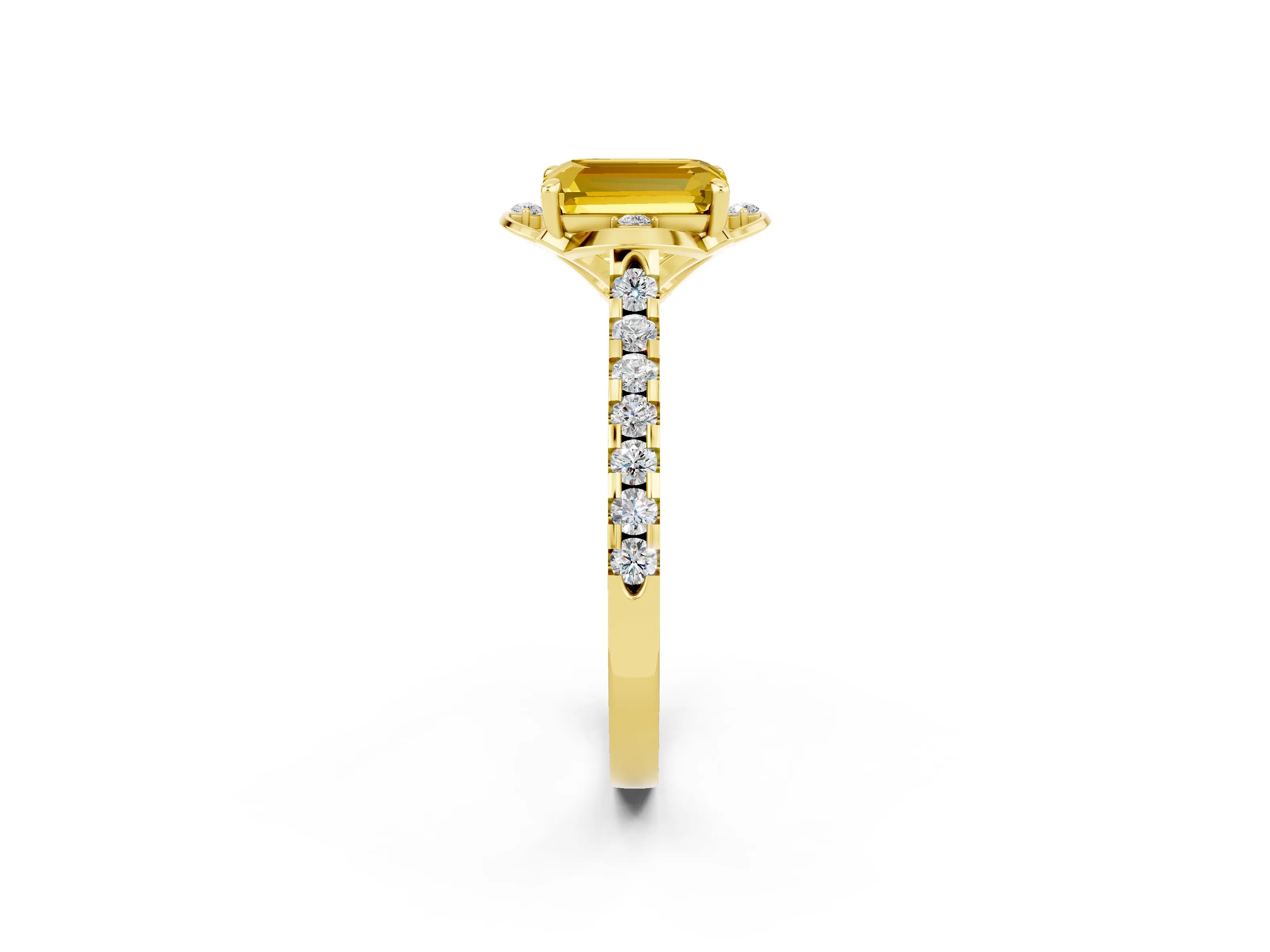 Yellow gold Emerald Cut Yellow Sapphire Ring with Pavé Band and Floral Prong Setting_2