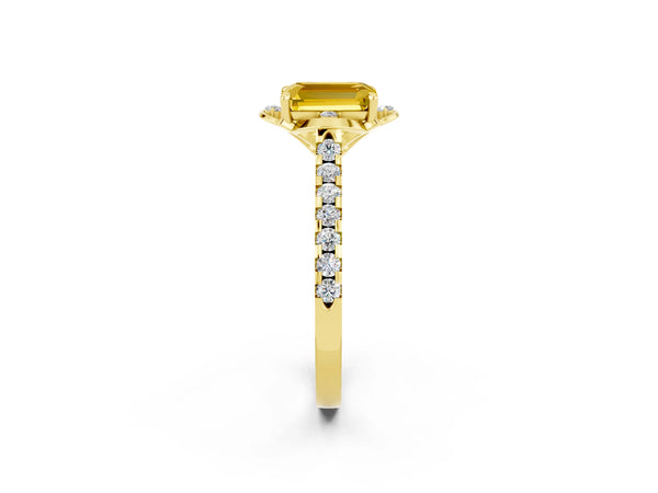 Yellow gold Emerald Cut Yellow Sapphire Ring with Pavé Band and Floral Prong Setting