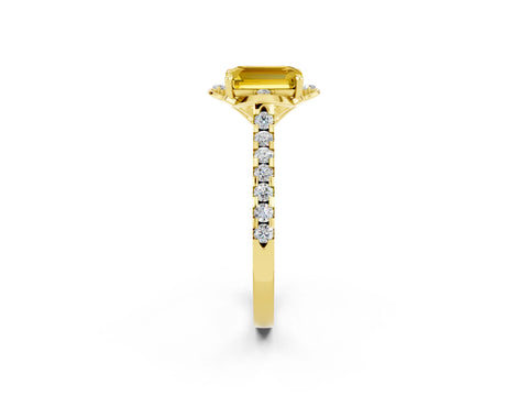 Yellow gold Emerald Cut Yellow Sapphire Ring with Pavé Band and Floral Prong Setting_2