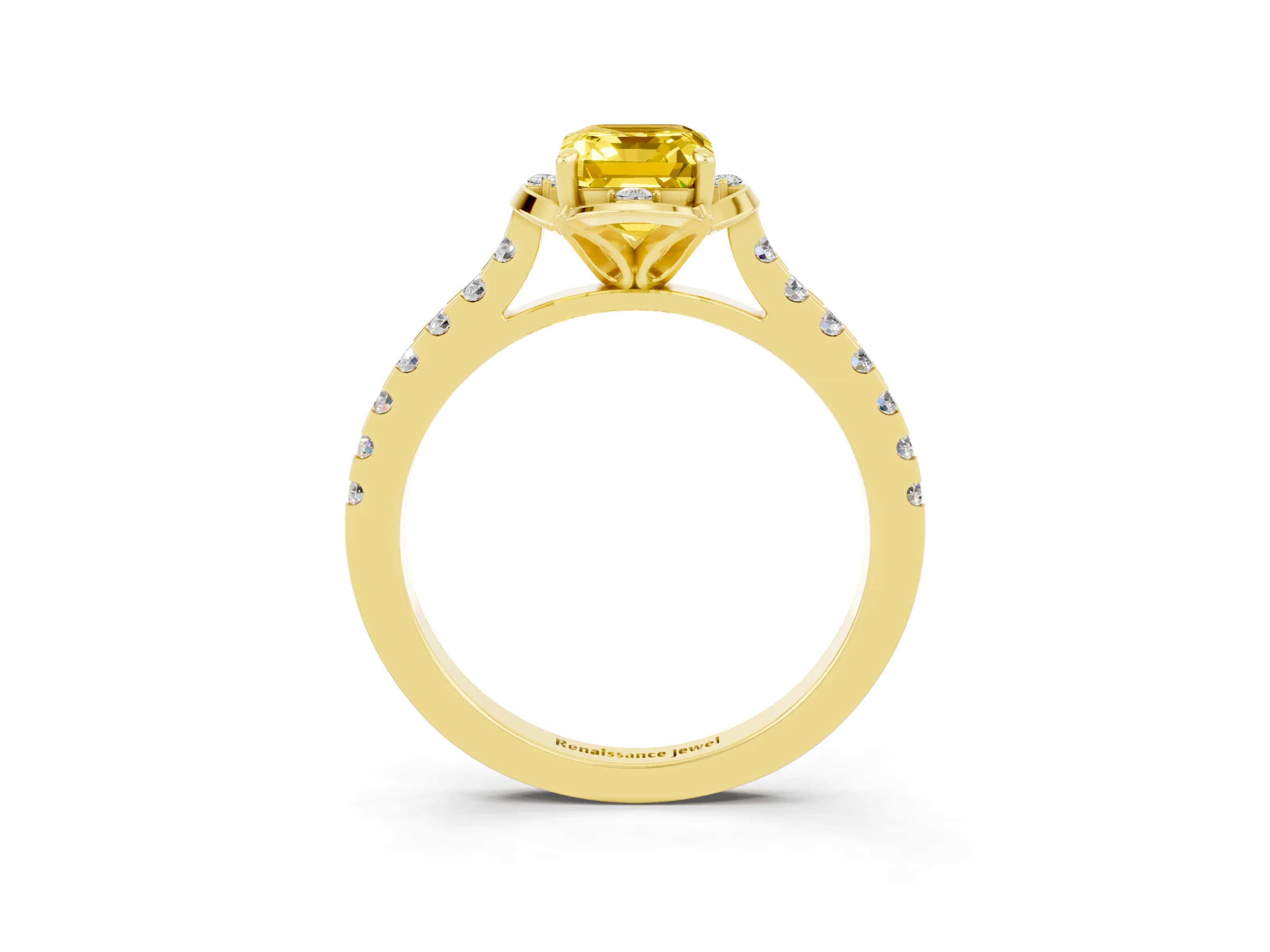 Yellow gold Emerald Cut Yellow Sapphire Ring with Pavé Band and Floral Prong Setting_3