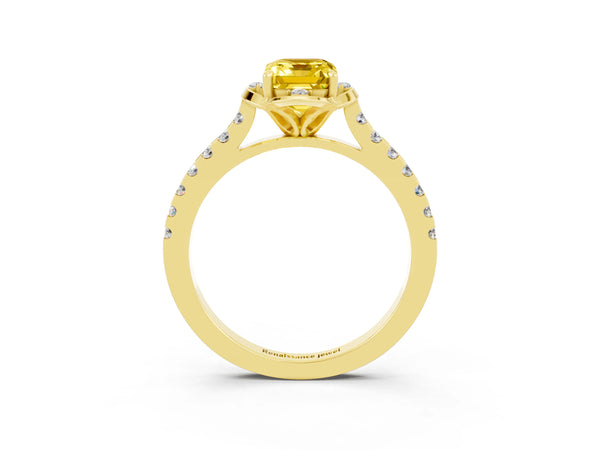 Yellow gold Emerald Cut Yellow Sapphire Ring with Pavé Band and Floral Prong Setting