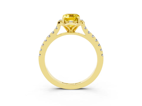 Yellow gold Emerald Cut Yellow Sapphire Ring with Pavé Band and Floral Prong Setting_3