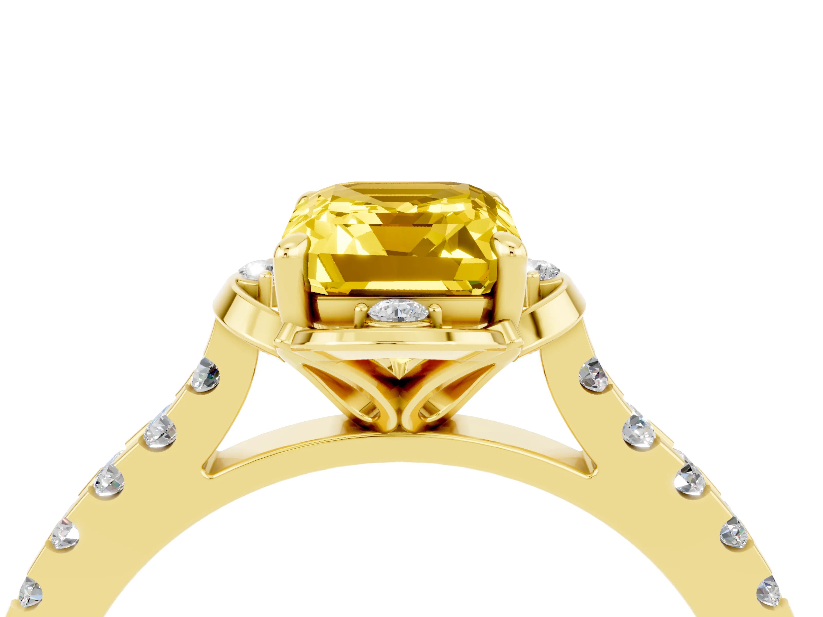 Yellow gold Emerald Cut Yellow Sapphire Ring with Pavé Band and Floral Prong Setting_4