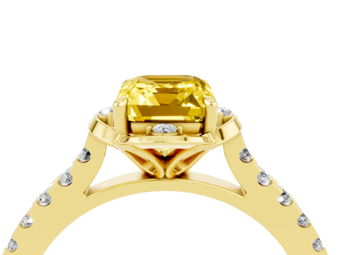 Yellow gold Emerald Cut Yellow Sapphire Ring with Pavé Band and Floral Prong Setting_4