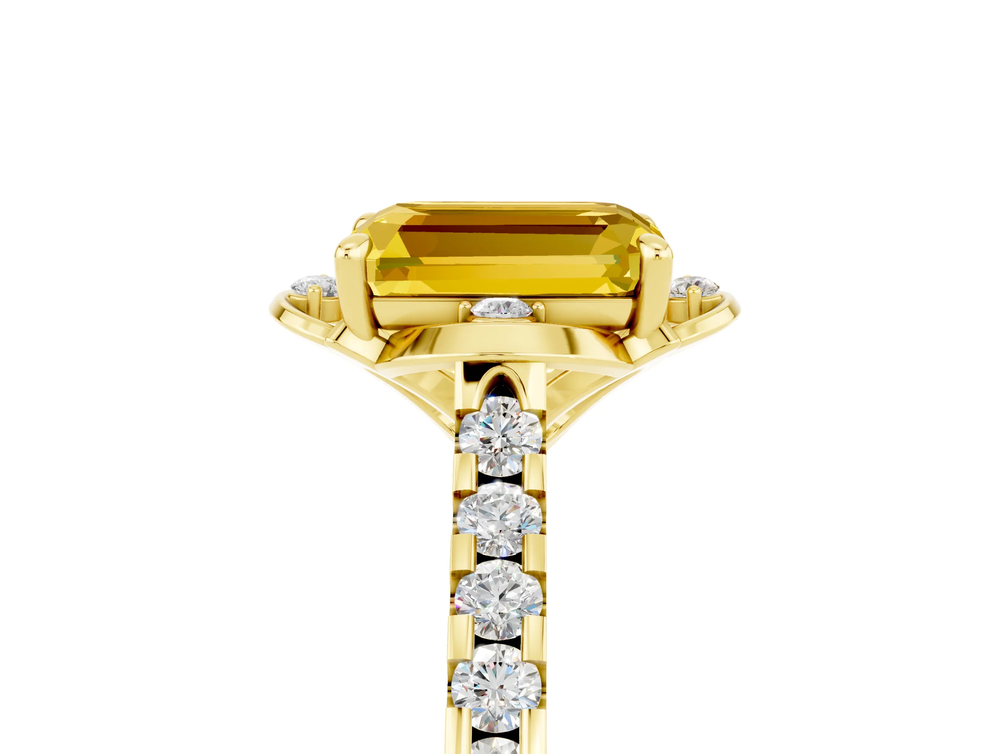 Yellow gold Emerald Cut Yellow Sapphire Ring with Pavé Band and Floral Prong Setting_5