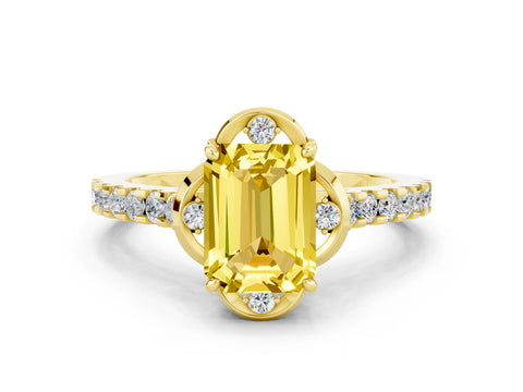 Yellow gold Emerald Cut Yellow Sapphire Ring with Pavé Band and Floral Prong Setting