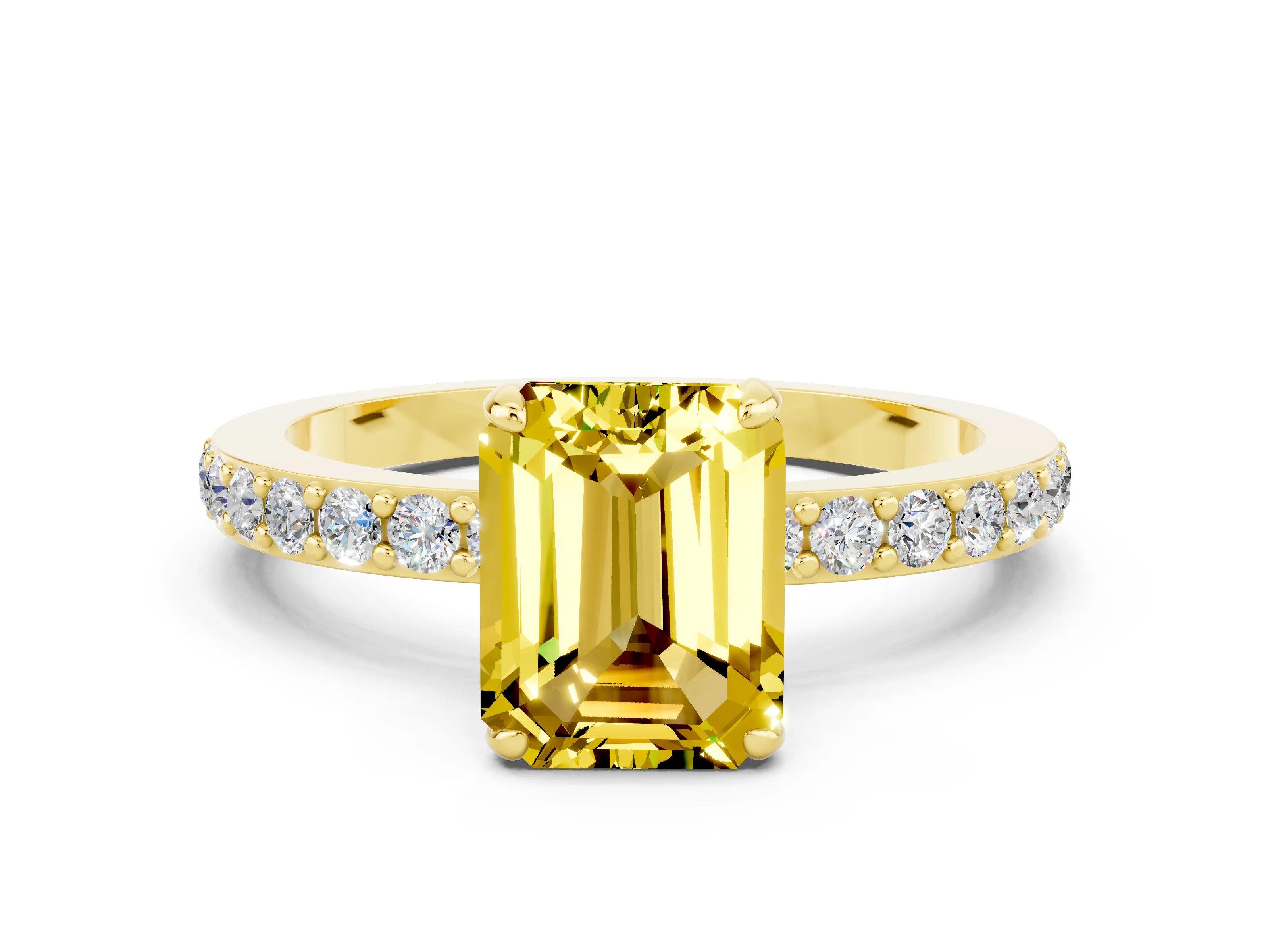 Yellow gold Emerald Cut Yellow Sapphire Ring with Pavé Band and Four-Prong Setting_24