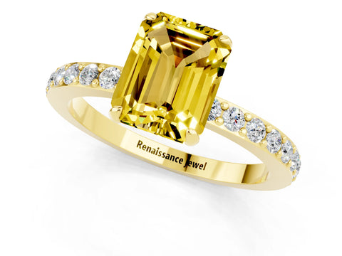 Yellow gold Emerald Cut Yellow Sapphire Ring with Pavé Band and Four-Prong Setting_25