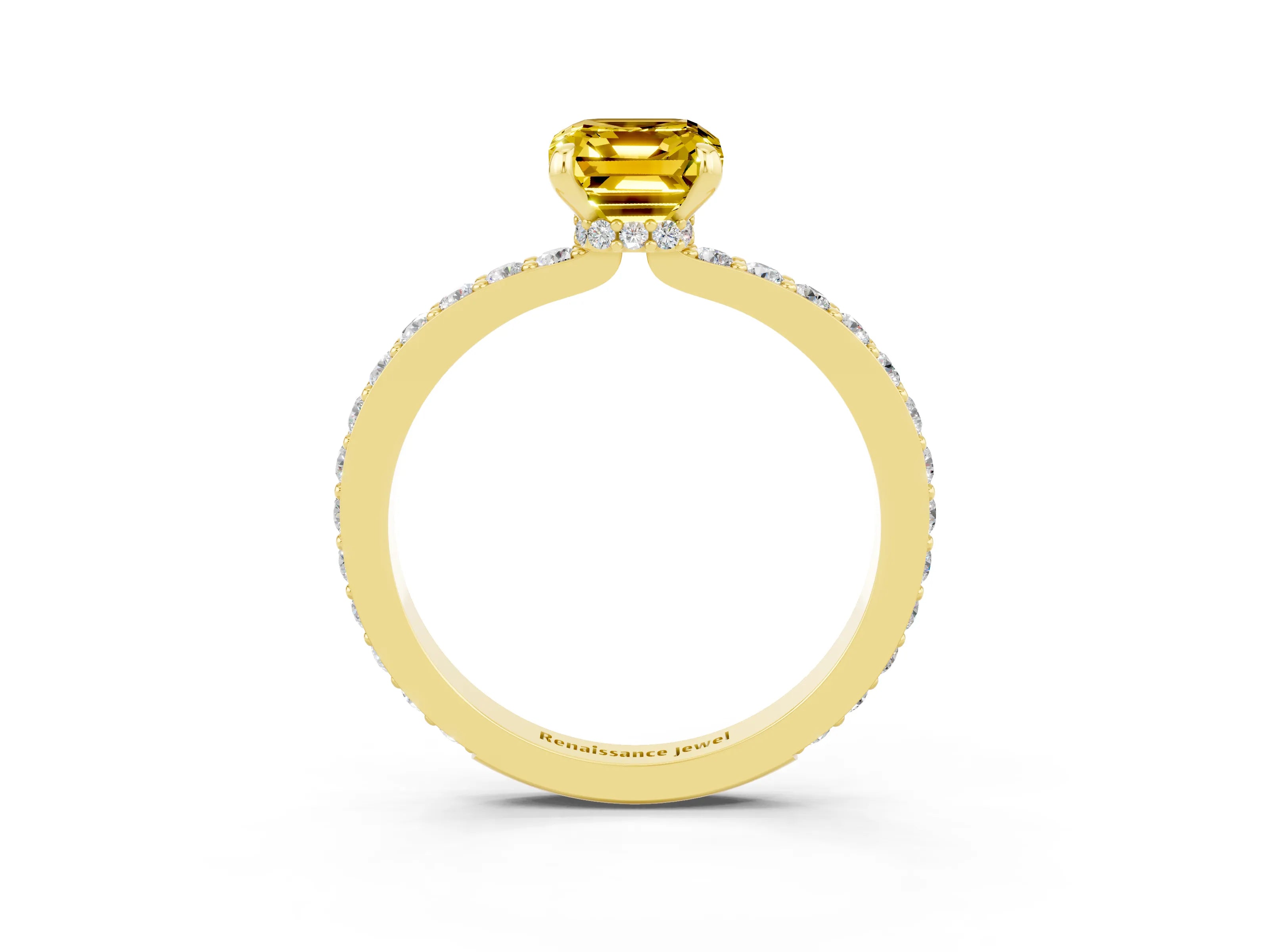 Yellow gold Emerald Cut Yellow Sapphire Ring with Pavé Band and Four-Prong Setting_27