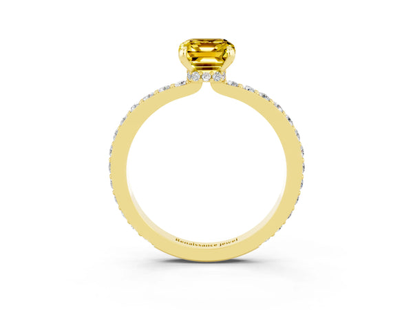 Yellow gold Emerald Cut Yellow Sapphire Pavé Engagement Ring with Round  Accents and Prong Setting