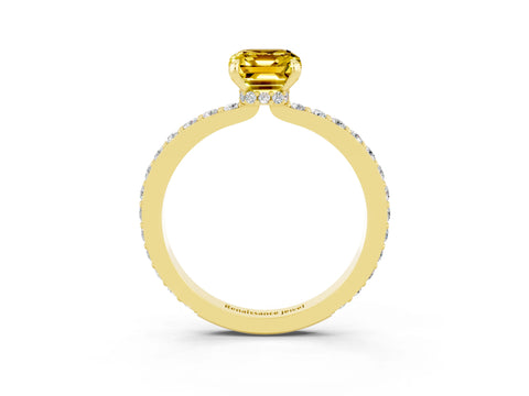 Yellow gold Emerald Cut Yellow Sapphire Ring with Pavé Band and Four-Prong Setting_27
