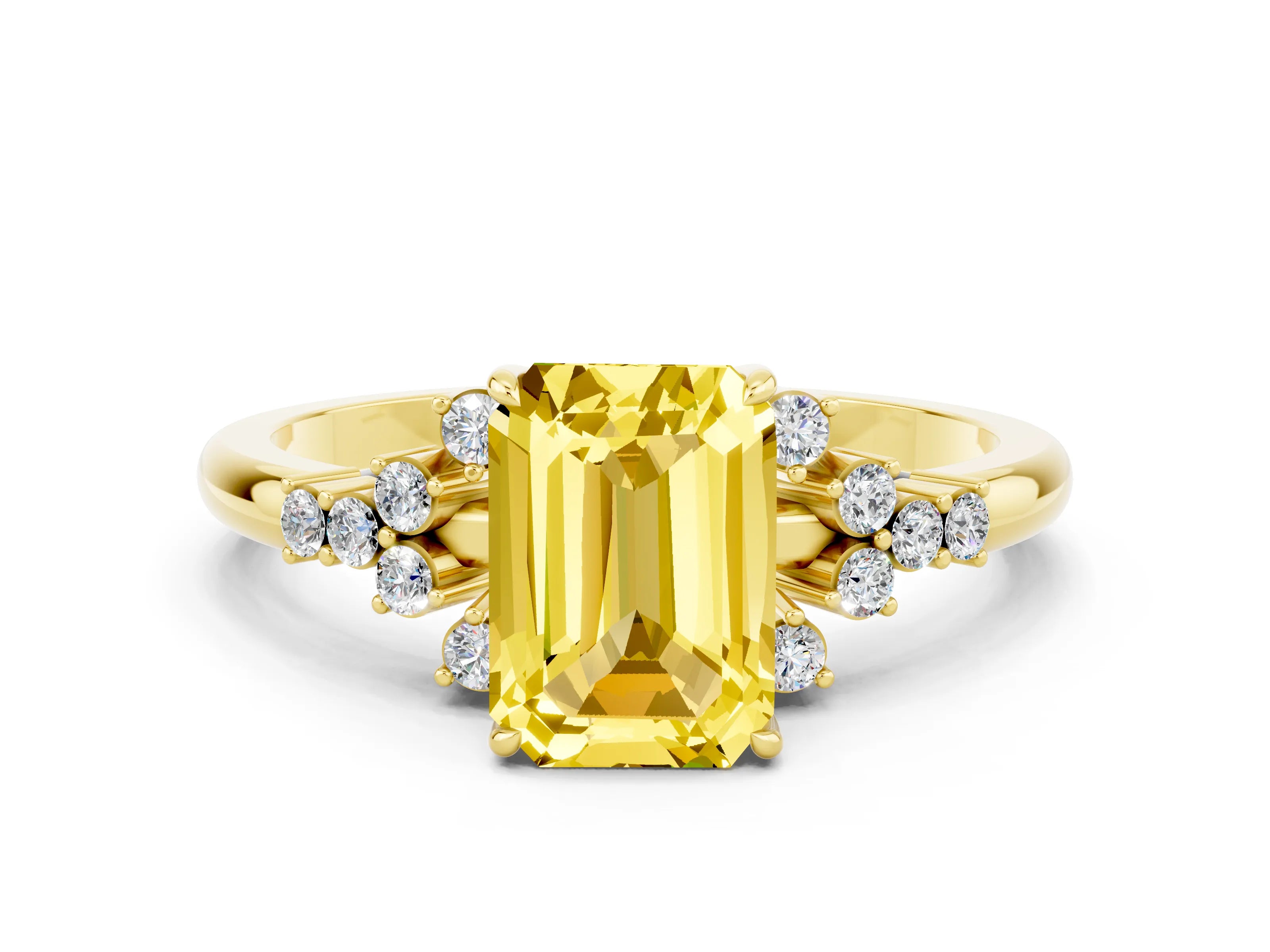 Yellow gold Emerald Cut Yellow Sapphire Ring with Side Stones and Four-Prong Setting_60