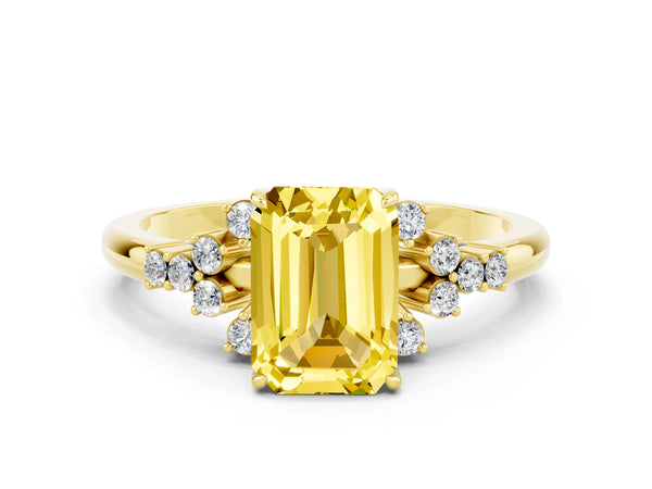 Yellow gold Emerald Cut Yellow Sapphire Ring with Side Stones and Four-Prong Setting