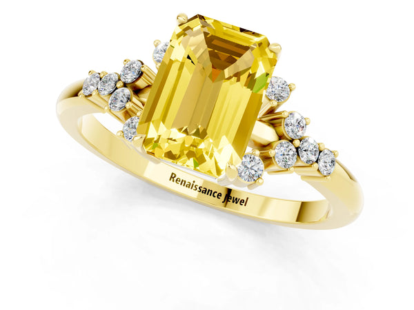 Yellow gold Emerald Cut Yellow Sapphire Ring with Side Stones and Four-Prong Setting