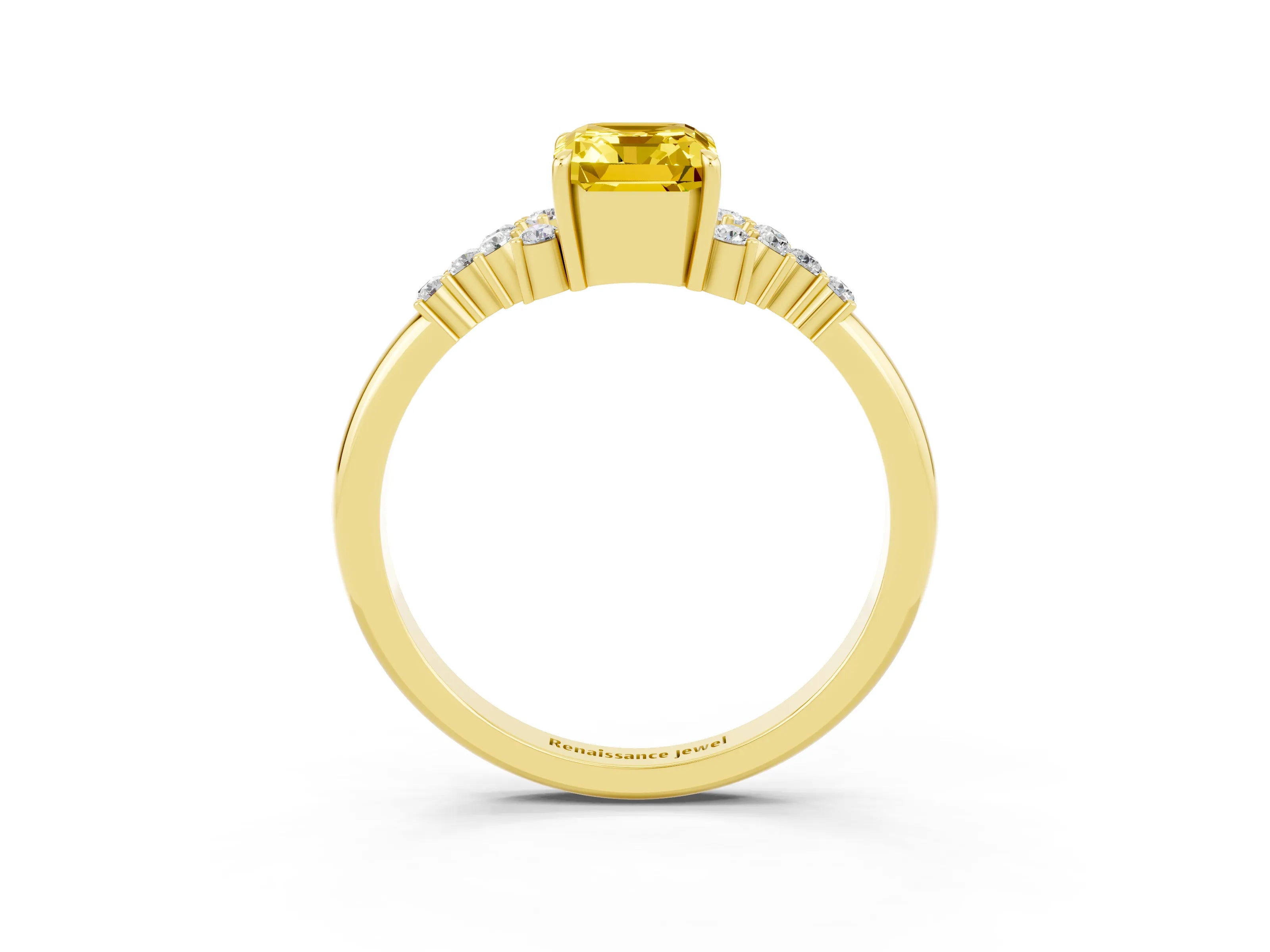 Yellow gold Emerald Cut Yellow Sapphire Ring with Side Stones and Four-Prong Setting_63