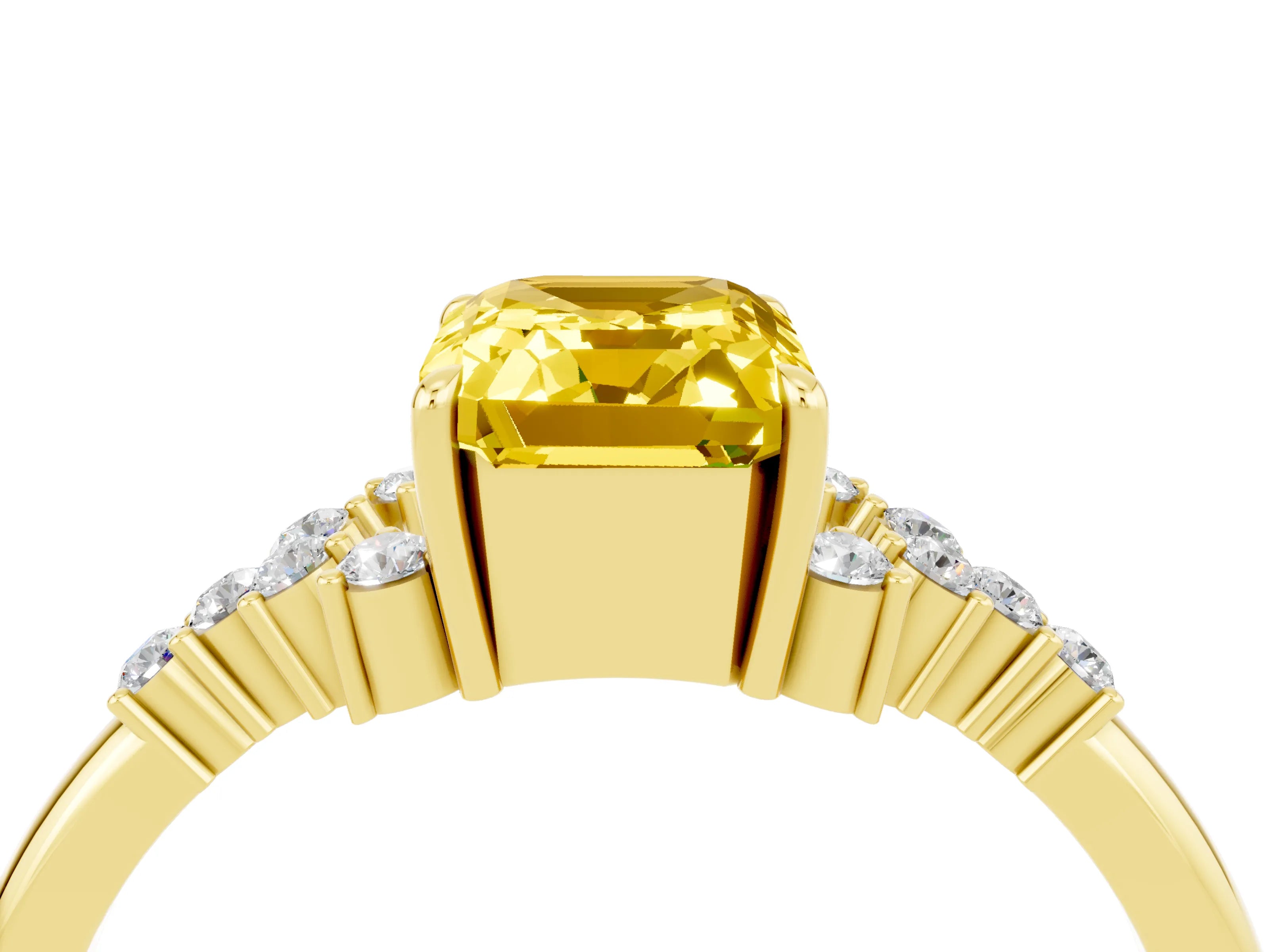 Yellow gold Emerald Cut Yellow Sapphire Ring with Side Stones and Four-Prong Setting_64