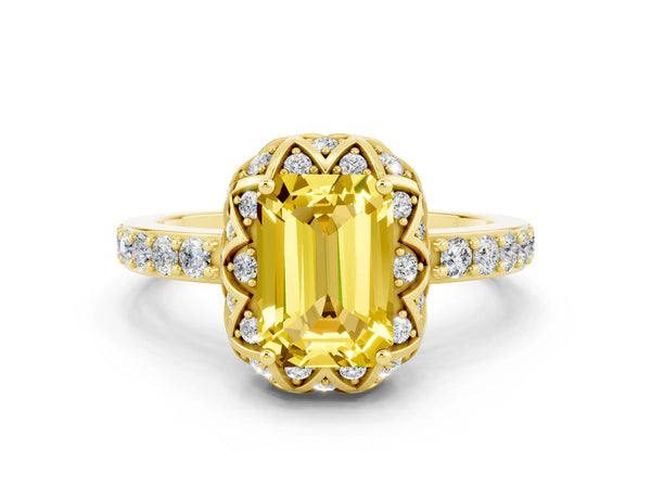 Yellow gold Emerald Cut Yellow Sapphire Scalloped Halo Engagement Ring with Round Shared Prong Band