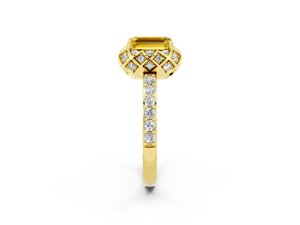 Yellow gold Emerald Cut Yellow Sapphire Scalloped Halo Engagement Ring with Round Shared Prong Band