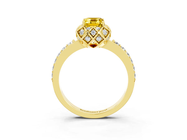 Yellow gold Emerald Cut Yellow Sapphire Scalloped Halo Engagement Ring with Round Shared Prong Band