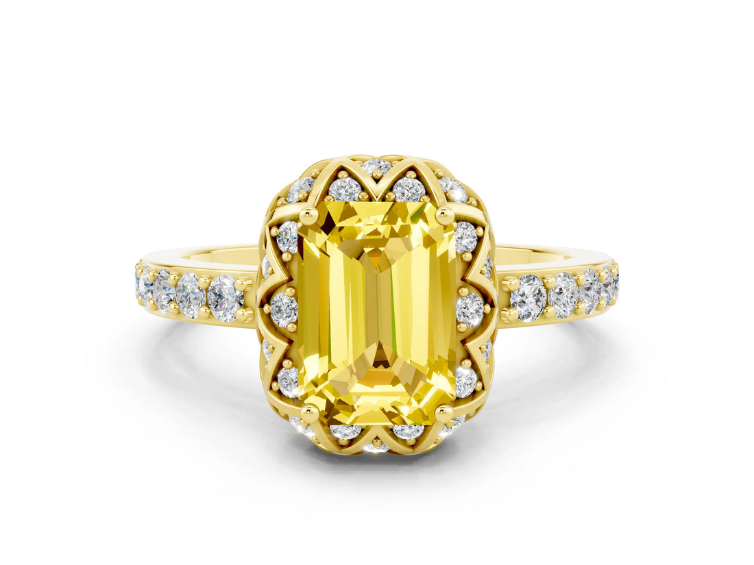 Yellow gold Emerald Cut Yellow Sapphire Scalloped Halo Engagement Ring with Round Shared Prong Band_24