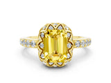 Yellow gold Emerald Cut Yellow Sapphire Scalloped Halo Engagement Ring with Round Shared Prong Band_24