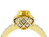 Yellow gold Emerald Cut Yellow Sapphire Scalloped Halo Engagement Ring with Round Shared Prong Band_28