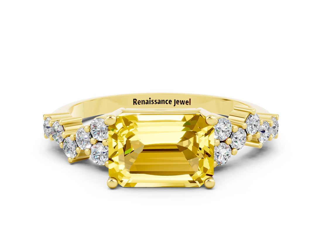 Yellow gold Emerald Cut Yellow Sapphire Scattered Round Accent Ring with Prong Setting_12
