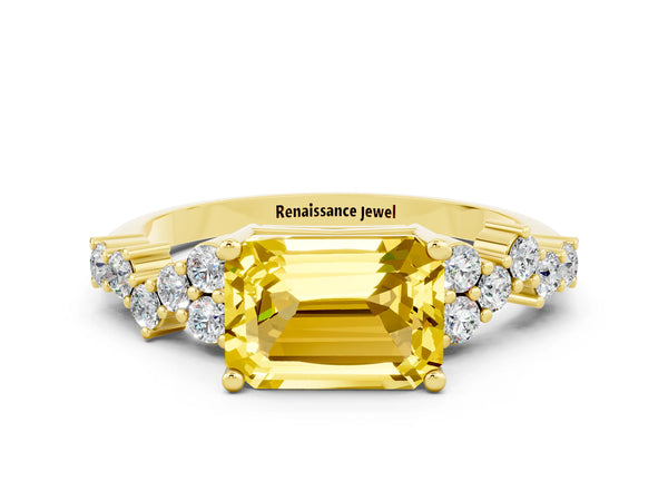 Yellow gold Emerald Cut Yellow Sapphire Scattered Round Accent Ring with Prong Setting
