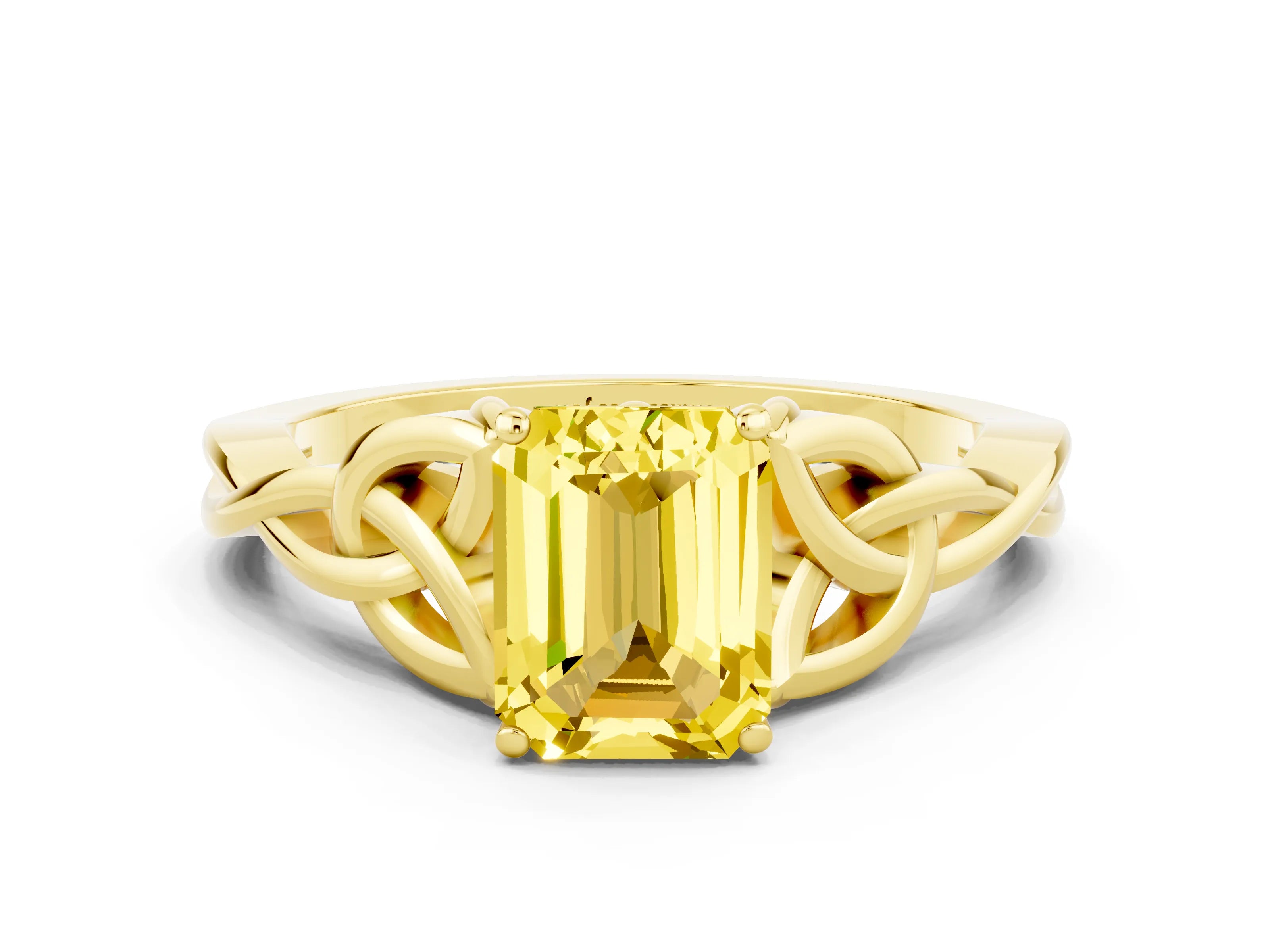 Yellow gold Emerald Cut Yellow Sapphire Solitaire Celtic Knot Ring with Four-Prong Setting_24