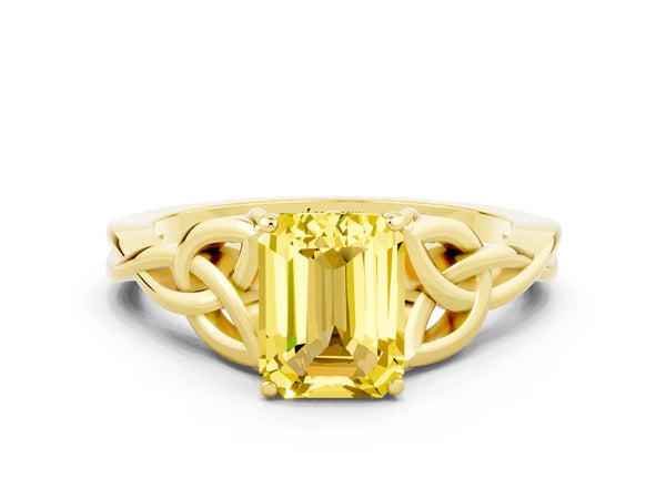 Yellow gold Emerald Cut Yellow Sapphire Solitaire Celtic Knot Ring with Four-Prong Setting