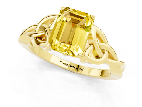 Yellow gold Emerald Cut Yellow Sapphire Solitaire Celtic Knot Ring with Four-Prong Setting_25