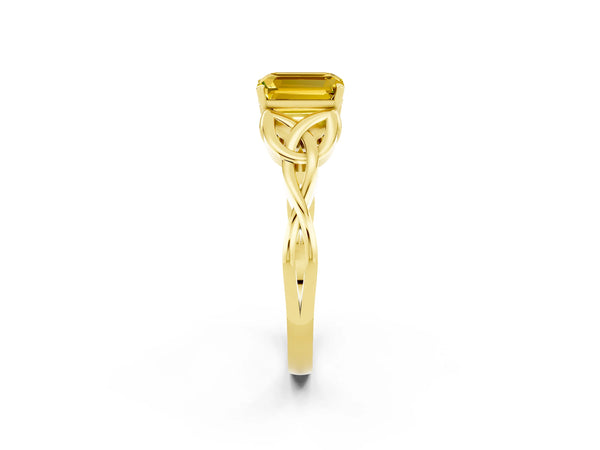 Yellow gold Emerald Cut Yellow Sapphire Solitaire Celtic Knot Ring with Four-Prong Setting
