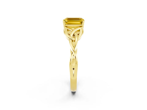 Yellow gold Emerald Cut Yellow Sapphire Solitaire Celtic Knot Ring with Four-Prong Setting_26