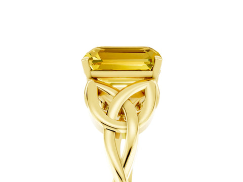 Yellow gold Emerald Cut Yellow Sapphire Solitaire Celtic Knot Ring with Four-Prong Setting_29