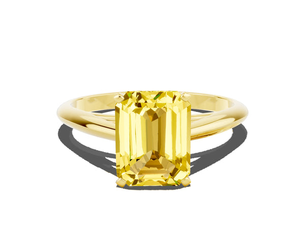 Yellow gold Emerald Cut Yellow Sapphire Solitaire Engagement Ring with Cathedral Setting and Four-Prong Mount