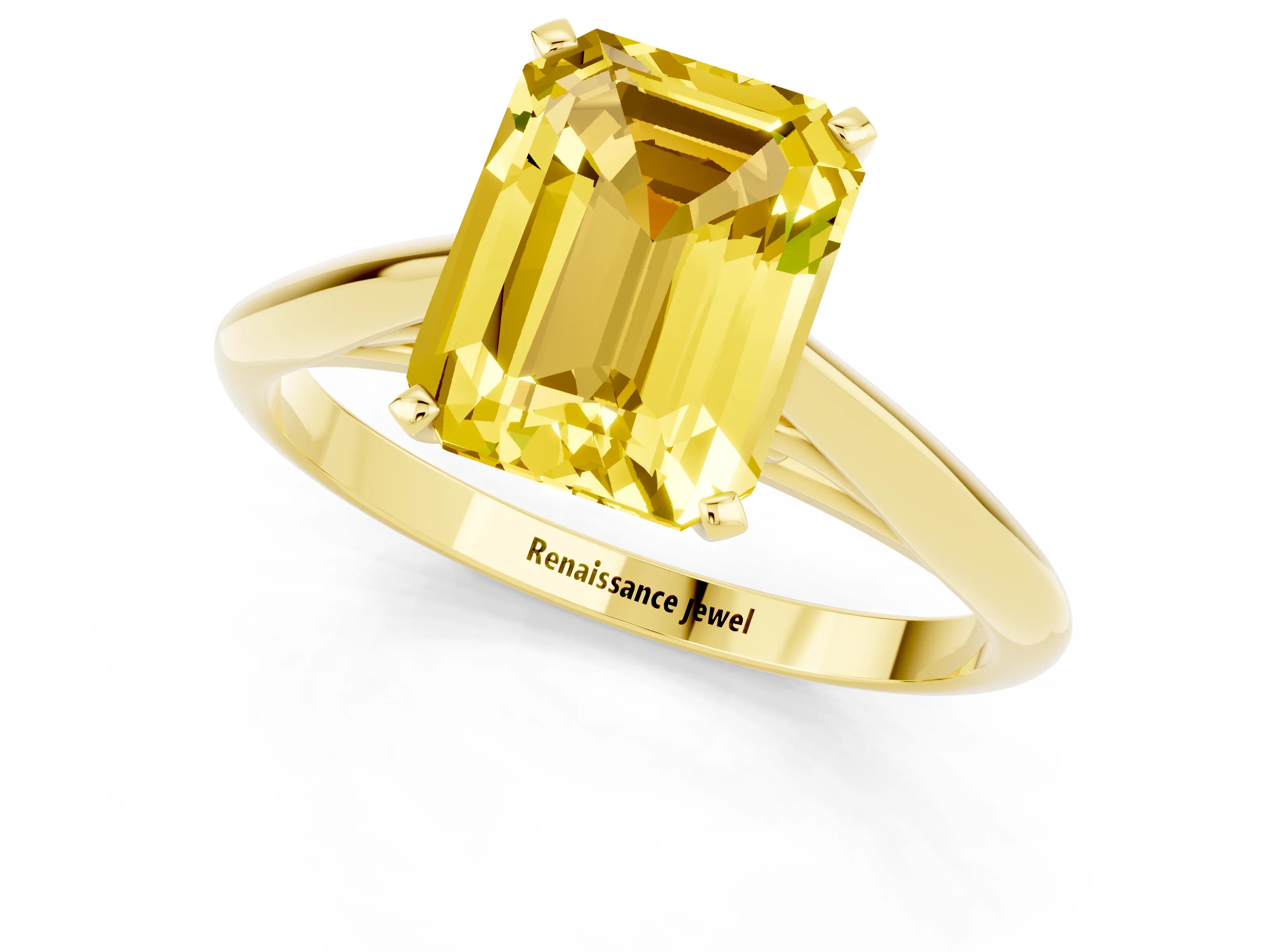 Yellow gold Emerald Cut Yellow Sapphire Solitaire Engagement Ring with Cathedral Setting and Four-Prong Mount_13