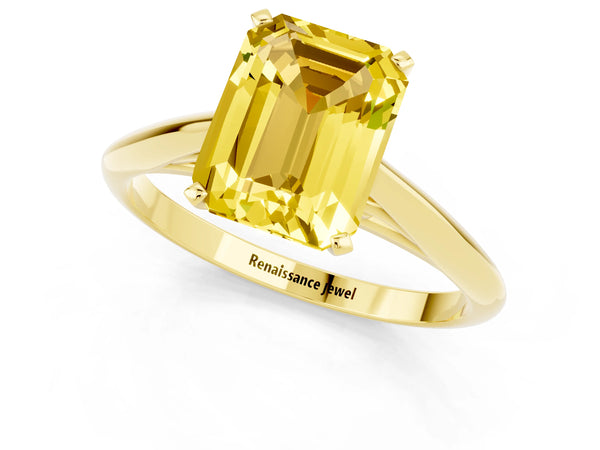 Yellow gold Emerald Cut Yellow Sapphire Solitaire Engagement Ring with Cathedral Setting and Four-Prong Mount