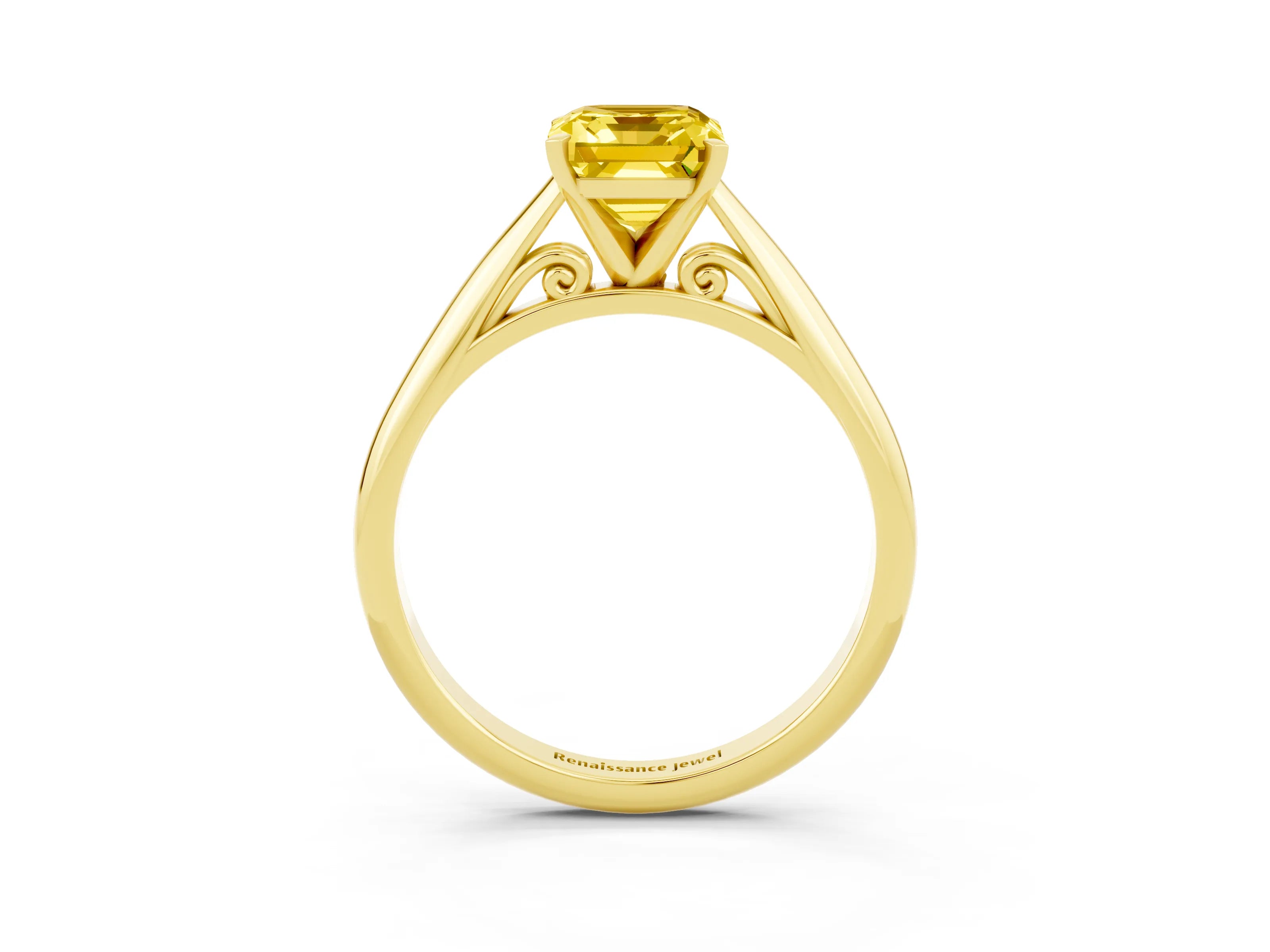 Yellow gold Emerald Cut Yellow Sapphire Solitaire Engagement Ring with Cathedral Setting and Four-Prong Mount_15