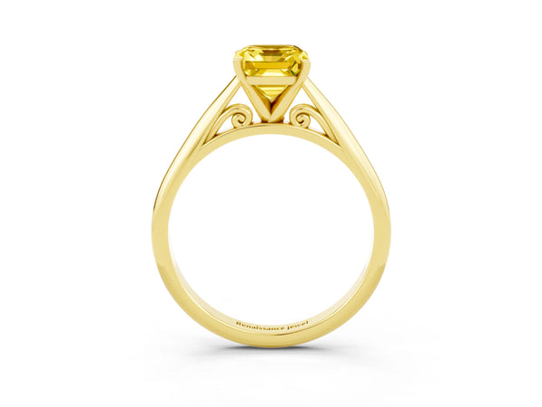 Yellow gold Emerald Cut Yellow Sapphire Solitaire Engagement Ring with Cathedral Setting and Four-Prong Mount