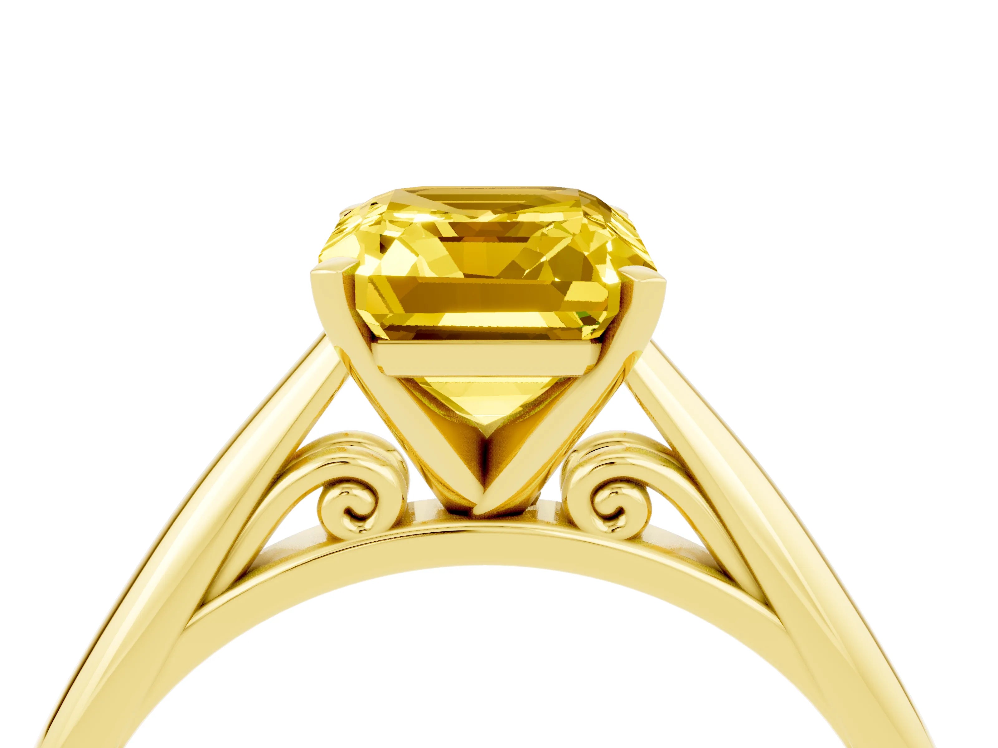 Yellow gold Emerald Cut Yellow Sapphire Solitaire Engagement Ring with Cathedral Setting and Four-Prong Mount_16