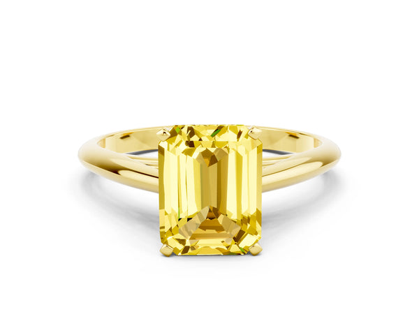 Yellow gold Emerald Cut Yellow Sapphire Solitaire Engagement Ring with Cathedral Setting and Four-Prong Mount