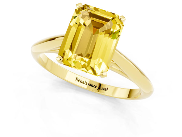 Yellow gold Emerald Cut Yellow Sapphire Solitaire Engagement Ring with Cathedral Setting and Four-Prong Mount