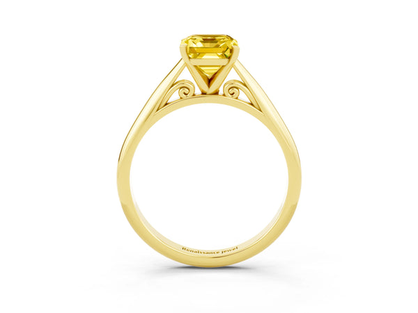 Yellow gold Emerald Cut Yellow Sapphire Solitaire Engagement Ring with Cathedral Setting and Four-Prong Mount