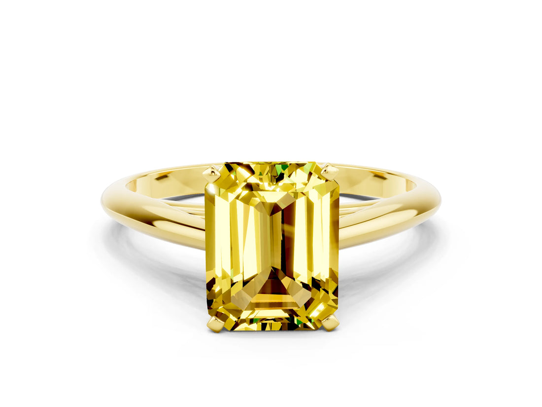 Yellow gold Emerald Cut Yellow Sapphire Solitaire Engagement Ring with Cathedral Setting and Four-Prong Mount_66