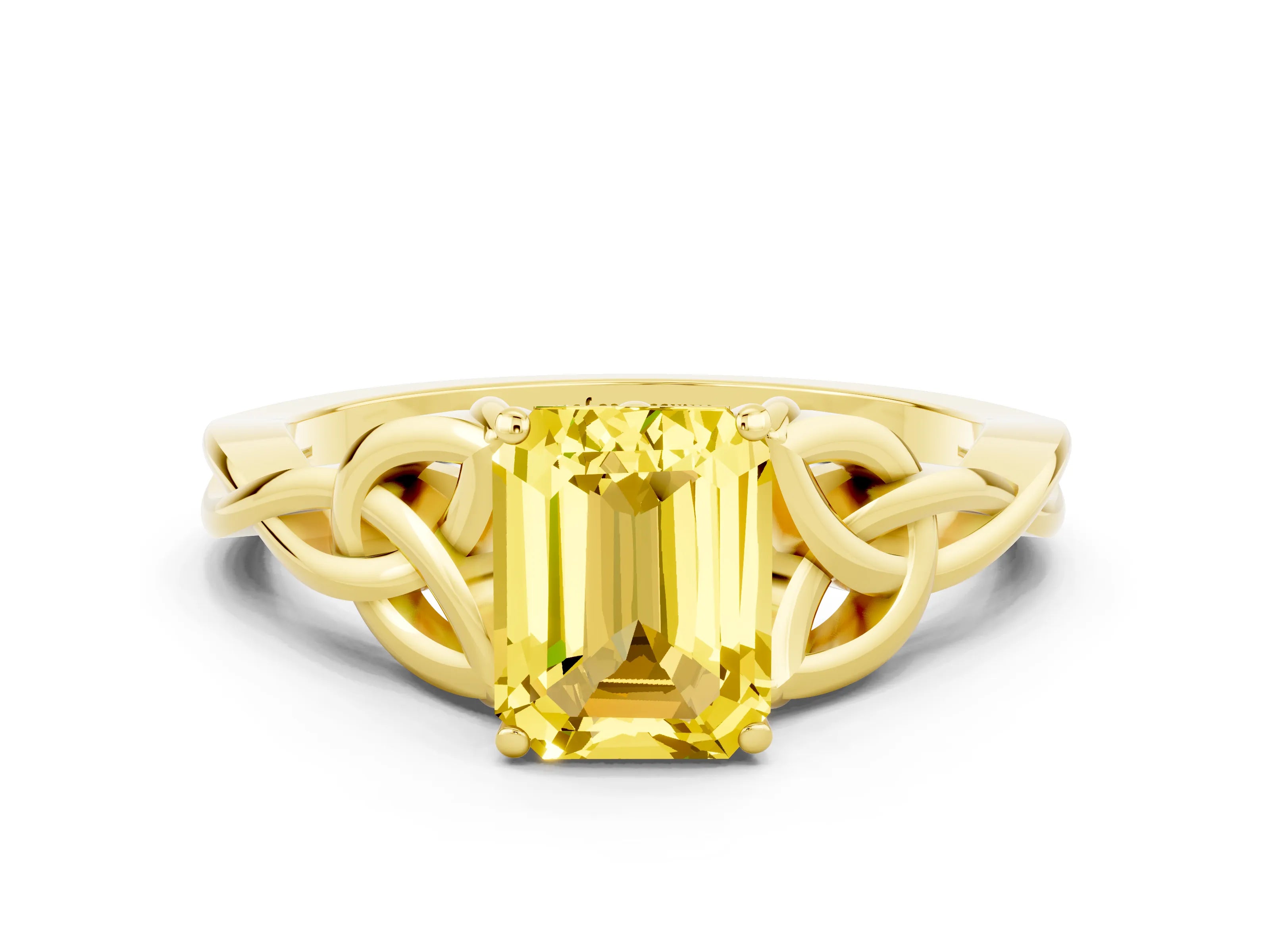 Yellow gold Emerald Cut Yellow Sapphire Solitaire Engagement Ring with Celtic Knot Band and Four-Prong Setting_24