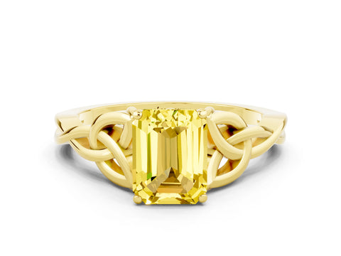 Yellow gold Emerald Cut Yellow Sapphire Solitaire Engagement Ring with Celtic Knot Band and Four-Prong Setting_24