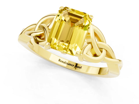 Yellow gold Emerald Cut Yellow Sapphire Solitaire Engagement Ring with Celtic Knot Band and Four-Prong Setting_25